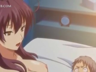 Innocent anime lady fucks big penis between tits and cunt lips