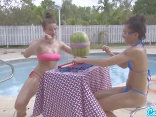 Camsoda teens with big ass and big tits initiate a watermelon explode with rubber ba